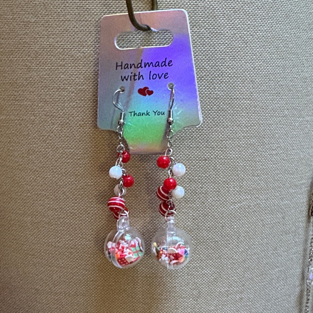 Handmade Red and White Beaded Earrings